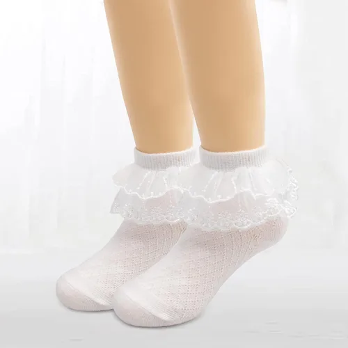 Miniatura 8 de Looching 5 pares de calcetines de encaje con volantes para niñas pequeñas con ojales de algodón blanco con volantes calcetines de princesa