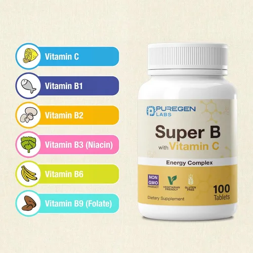Miniatura 3 de Puregen Labs Super B Energy Complex con vitamina C - Salud inmunológica, energía y apoyo del sistema nervioso - Sin OMG, sin gluten, 100 tabletas