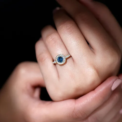 Miniatura 14 de Anillo de compromiso con halo de diamantes de topacio azul londinense certificado, calidad AAA, anillo de diamantes de topacio azul natural