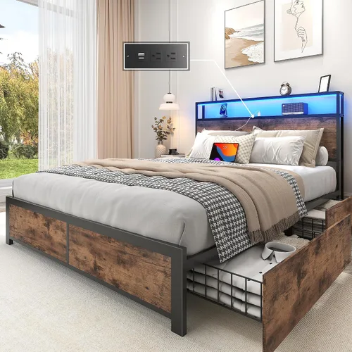Lifezone Estructura de Cama Full con Cabecero de Almacenamiento de 2 Niveles, Estructura de Cama de Plataforma de Metal con 4 Cajones de Marrón