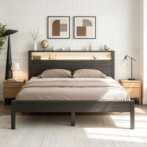 LoVinson Full Size Bed Frame with Charging Station and LED Light, Metal Platform Bed with Storage Headboard, Noise Free, No Box Spring Needed, Easy