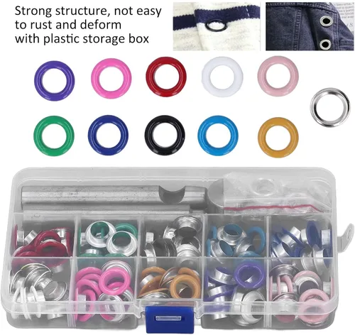 Miniatura 4 de Kit de ojales multicolor de 0.394 pulgadas (0.394 in), juego de ojales de metal, ojales y ojales con herramienta de instalación para zapatos