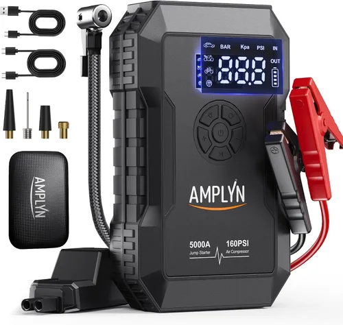 Miniatura 8 de Arrancador de coche con compresor de aire, caja de puente, cargador de batería de 12 V portable,160 psi pump pressure,5000A start pk,24000mAh