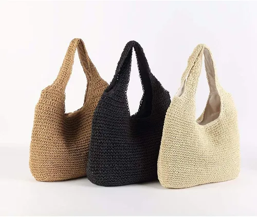 Miniatura 6 de QTKJ Bolso de hombro de paja suave y grande tejida a mano estilo bohemio, bolso de playa de verano retro (negro), Beige, Caqui, Negro, 15.3''x 24.4