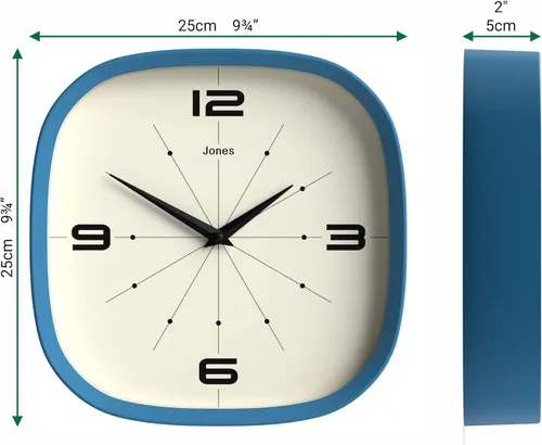 Miniatura 4 de JONES CLOCKS® Pulsar - Reloj de pared Reloj retro cuadrado redondeado 10 pulgadas Azul Aspecto de diseñador genial para cocina, sala
