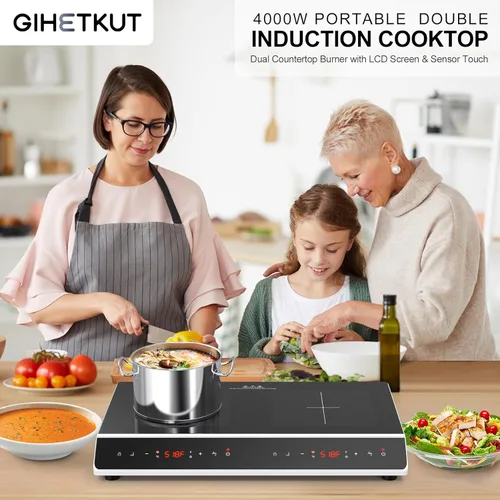 Miniatura 2 de GIHETKUT Placa de cocción de doble inducción, 4000 W, 2 quemadores, placa de inducción con pantalla táctil LED, 10 niveles de ajustes con bloqueo