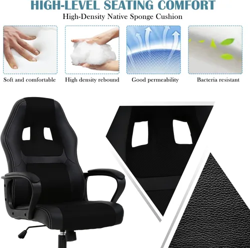 Miniatura 4 de Silla ergonómica para juegos de PC, respaldo alto, con soporte lumbar, reposabrazos ajustable, de piel sintética, giratoria, escritorio de oficina