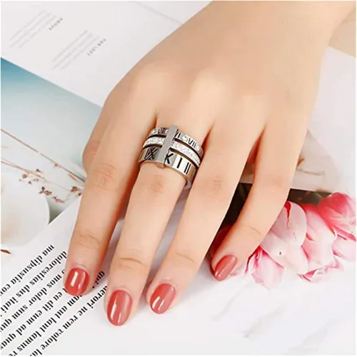 Miniatura 6 de Anillo Pamtier 3 en 1, de acero inoxidable y zirconia, con números romanos, para mujer