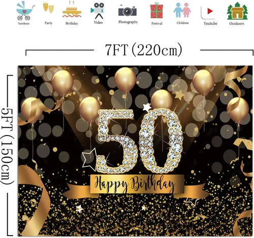 Miniatura 5 de Sensfun Fondo de fotografía para fiesta de cumpleaños número 50 de 7 x 5 pies, con purpurina, globos negros y dorados para mujer, fabulosa