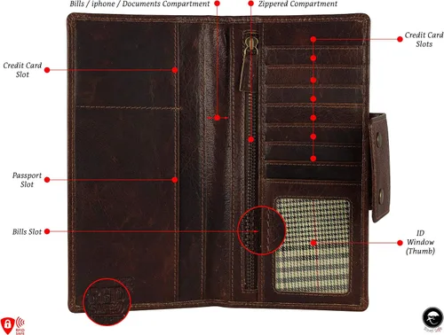 Miniatura 3 de Mou Meraki Cartera larga con bloqueo RFID de cuero genuino - Vintage Bifold para hombres, Rojo Marrón, Cartera larga