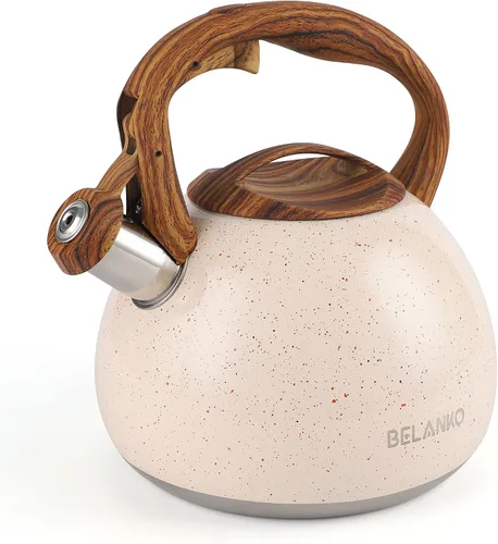 Miniatura 9 de BELANKO Hervidor de té de 2.7 cuartos de galón para estufas, tetera de acero inoxidable de grado alimenticio con silbato fuerte, mango de madera