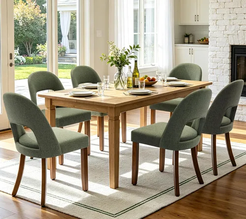 Miniatura 33 de Juego de 2 sillas de comedor de madera, modernas sillas de comedor tapizadas para cocina con tela de lino y respaldo abierto, patas de madera