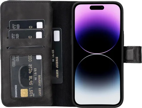 Miniatura 29 de HARDISTON Funda de piel auténtica de alta calidad hecha a mano para iPhone 11 Pro de 5.8 pulgadas, tarjeteros de doble folio, funda magnética Negro