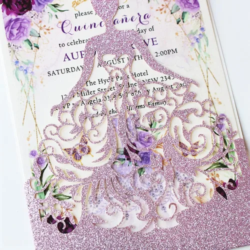 Miniatura 6 de 5.12 x 7.28 pulgadas, kit de 50 invitaciones de quinceañera con purpurina morada, cortadas con láser, huecas, de niña princesa, invitaciones
