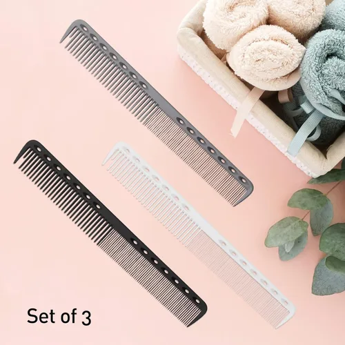 Miniatura 7 de Juego de 3 peines de peluquería de fibra de carbono, peine de corte fino para hombres y mujeres, resistente al calor, negro, gris, blanco