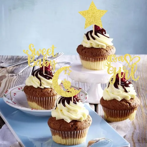 Miniatura 6 de 36 piezas de decoración para cupcakes con diseño de luna con purpurina de luna y estrella para revelación de género de bebé, baby shower, fiestas
