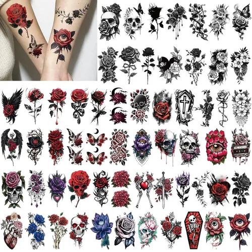 Miniatura 2 de Tatuajes temporales para hombres y mujeres adultos, 77 hojas de calcomanías de tatuaje falsas, lágrimas de serpiente, relojes, planetas