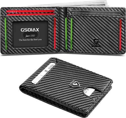 GSOIAX Billetera delgada para hombre con bloqueo RFID, carteras plegables para hombre, minimalista, cuero auténtico, fibra de carbono, clip para