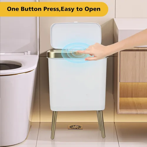 Miniatura 3 de Basurero de baño blanco y dorado, delgado con tapa, cubo de basura de cocina de 4 galones con patas, cesta de basura de plástico moderna