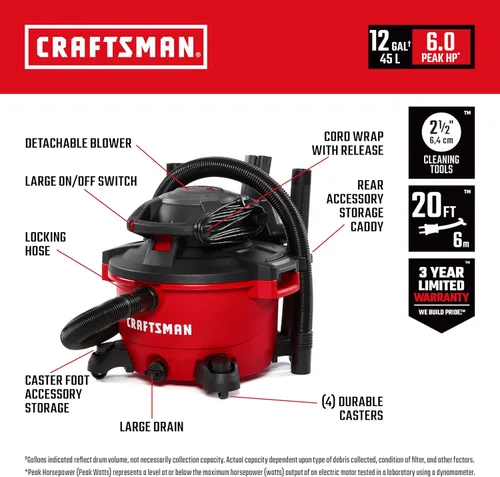 Miniatura 2 de CRAFTSMAN CMXEVBE17606 Aspiradora en seco y húmedo de 12 galones 6.0 HP con soplador de hojas desmontable, aspiradora portátil para tienda húmeda