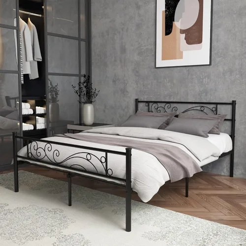 Miniatura 4 de Weehom Base de cama de metal con cabecero y estribo, no necesita somier, plataforma completa, color negro