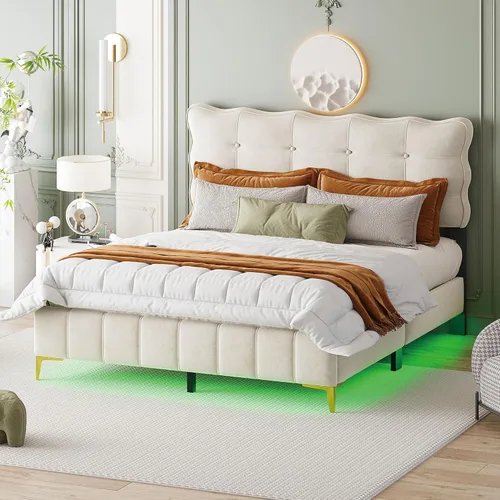 Miniatura 35 de Cama de plataforma flotante, marco de cama de madera tamaño individual con rayas claras, tela de lino suave y cabecera de diseño capitoné