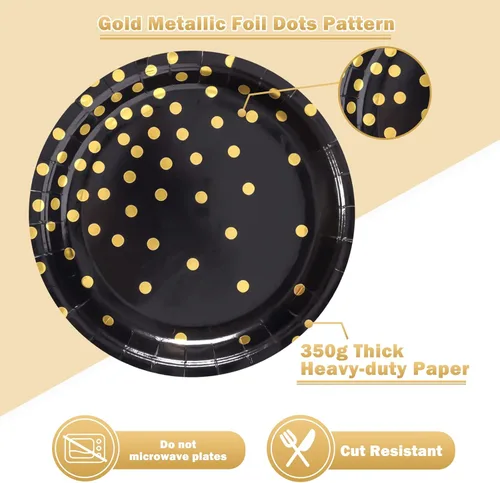 Miniatura 3 de Black Gold Paper Plates and Napkins-100 PCS-50 x 7''Dessert Plates & 50 x 6.5''Napkins,Gold Dots Paper Plate Party Supplies,for Azul Dorado