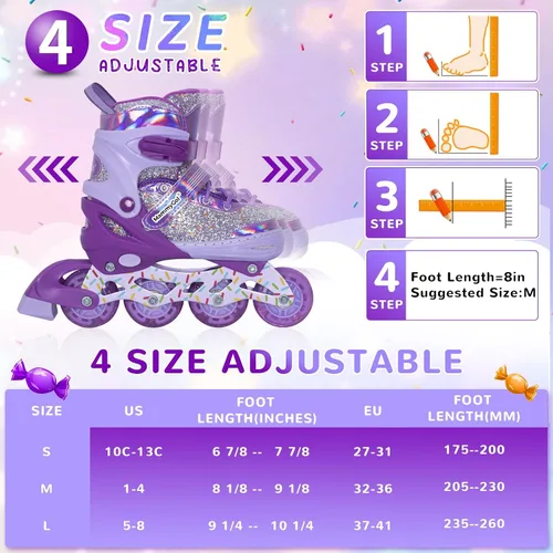 Miniatura 5 de Mammygol Patines en línea para niñas y niños, 4 tamaños ajustables para niñas de 3 a 12 años con ruedas iluminadas y protección de seguridad, regalo