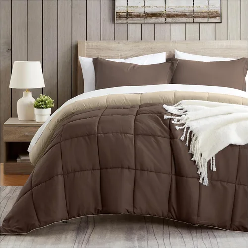Miniatura 7 de satisomnia Juego de edredón de tamaño King, edredón de cama marrón tamaño King, edredón de cama alternativo de plumón de 3 piezas, ligero, suave