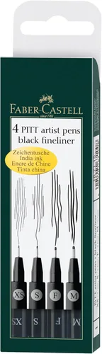 caja de bolígrafos con líneas de 4 anchuras en negro, de Faber Castell, para la pigmentación de dibujos con tinta china, de Pitt