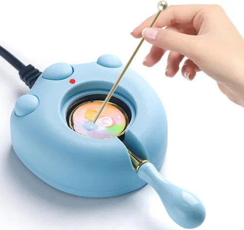 Calentador eléctrico de sellos de cera, calentador de sello eléctrico azul para derretir cera, perlas con cuchara, agitar para hacer manualidades