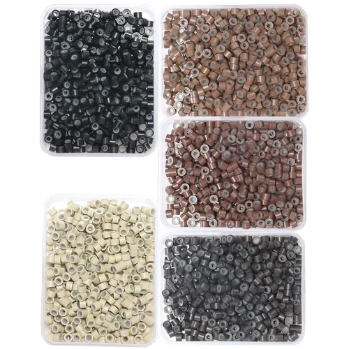 Miniatura 14 de 2500 piezas de cuentas de extensión de 5 mm negras, anillos micro con revestimiento de silicona, microenlaces punta I para extensiones de cabello