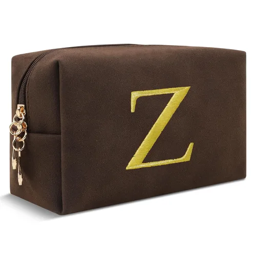 Miniatura 213 de Pequeña bolsa de maquillaje personalizada con inicial A-Z Preppy Patch, bolsa de cosméticos de viaje de felpilla blanca con cremallera, bonita bolsa