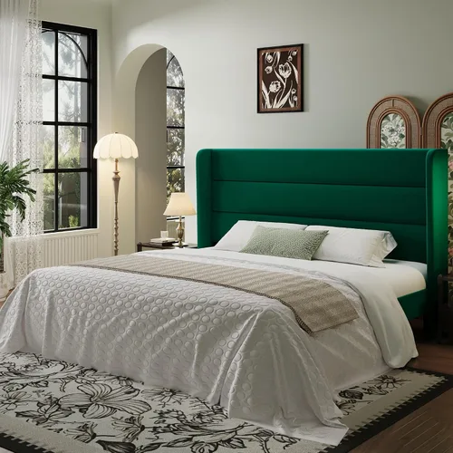 Miniatura 19 de SHA CERLIN - Base de cama tamaño Full con cabecera tapizada en terciopelo y diseño acanalado vertical; plataforma de cama tapizada con listones