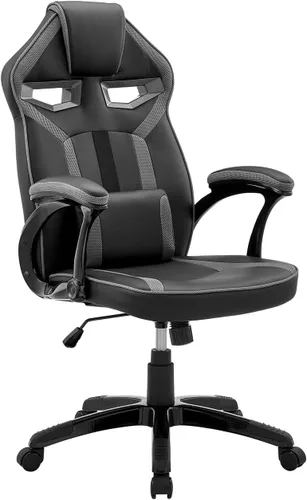 Armen Living Aspect - Silla ajustable para juegos de carreras en piel sintética negra y malla gris oscuro con almohada de apoyo lumbar
