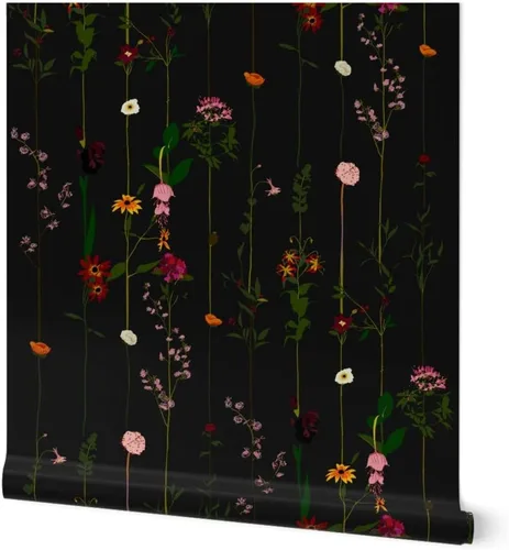 Papel tapiz autoadhesivo de 9 x 2 pies – Moody Floral Dark Flower Stripe Wildflower Minimic Midcentury Modern Stripes Papel tapiz extraíble