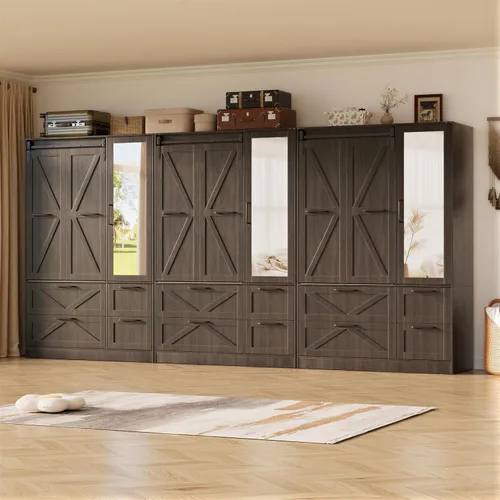 Miniatura 10 de PAKASEPT Armario Armario con puerta corrediza plegable de granero, Armario para dormitorio con espejo y luces LED, barra para colgar, Armario