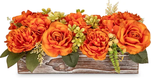 Miniatura 17 de DILATATA Arreglo floral con jarrón de madera, flores artificiales de 10 pulgadas en maceta, flores falsas en jarrón rectangular de madera blanco