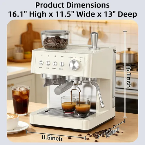 Miniatura 6 de Máquina de café expreso de 15 barras con molinillo de café antiobstrucciones integrado, máquinas de café Expresso con varita de vapor de leche