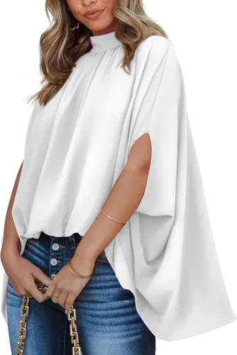 Miniatura 151 de BTFBM Blusas de verano para mujer, cuello alto falso, manga murciélago, holgadas, dobladillo alto y bajo, blusas informales de gran