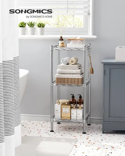 Miniatura 2 de SONGMICS Estante de baño de 3 niveles, estante de almacenamiento para espacio pequeño, con 3 revestimientos de estante de PP, gancho extraíble