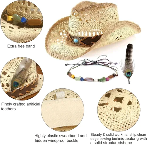 Miniatura 5 de Sombrero de vaquero de paja occidental para hombre y mujer, sombrero de vaquera con dos bandas decorativas, sombrero de sol tejido de ala moldeable