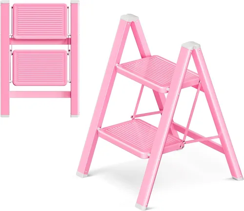 Miniatura 10 de Escalera plegable de 2 escalones con pedal ancho antideslizante, capacidad de 330 libras, escalera portátil ligera para uso en el hogar y la cocina