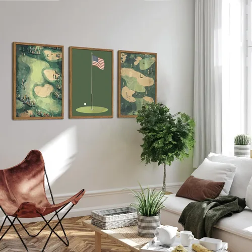 Miniatura 3 de Juego de 3 arte de pared vintage de golf, pinturas deportivas de mediados de siglo, arte de paisaje de campo de golf verde retro, cuadro de arte