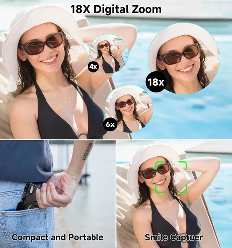 Miniatura 4 de Cámara digital, cámara de viaje UHD 5K de 80MP, cámaras compactas con zoom 18X, cámara de vlogging para YouTube con pantalla abatible de 3" 180°