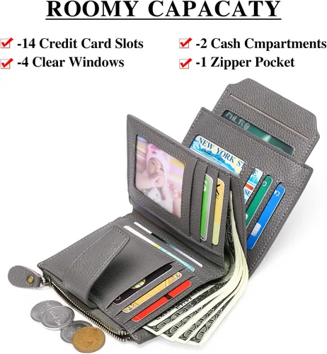Miniatura 2 de FALAN MULE Cartera pequeña para mujer, de piel auténtica, plegable, compacta, con bloqueo RFID, pequeña cartera para mujer, Gris-oscuro, Casual