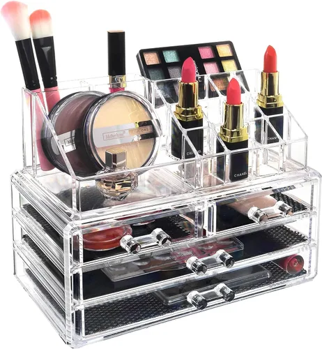 Miniatura 6 de Ikee Design Organizador de maquillaje acrílico con 4 cajones y soportes removibles para lápices labiales en la parte superior, ideal para maquillaje