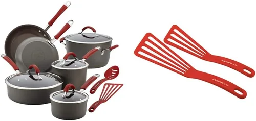 Rachael Ray - 87630 Rachael Ray Cucina - Juego de ollas y sartenes antiadherentes anodizadas duras, 12 piezas y herramientas de cocina y artilugios
