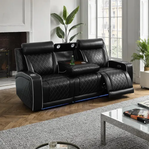 Miniatura 13 de Juego de sillones reclinables eléctricos con luces LED, juego reclinable de cuero acolchado con aire con puerto USB/almacenamiento/portavasos/luz