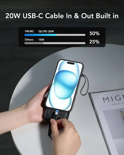 Miniatura 4 de VRURC Cargador Portátil, Banco de Energía Delgado de 22.5W Carga Rápida, Cargador de Teléfono Portátil USB C de 10000mAh, Paquete de Batería